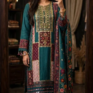 Enchanted Teal Patchwork Embroidered Kurta Set with Mirror Work