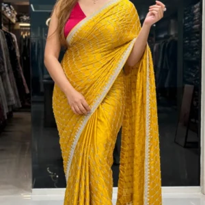 Radiant Mustard Embellished Silk Saree with Contrast Pink Blouse – Available in Mustard & Pink