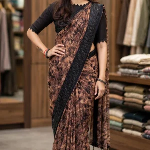 Marbled Elegance Embroidered Saree with Scalloped Blouse – Available in Chocolate Brown & Charcoal Grey