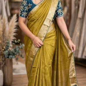 Olive Green Hand-Embroidered Chanderi Saree with Teal Embellished Blouse