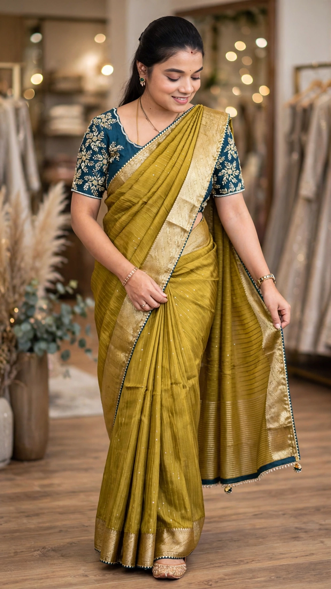 Olive Green Hand-Embroidered Chanderi Saree with Teal Embellished Blouse