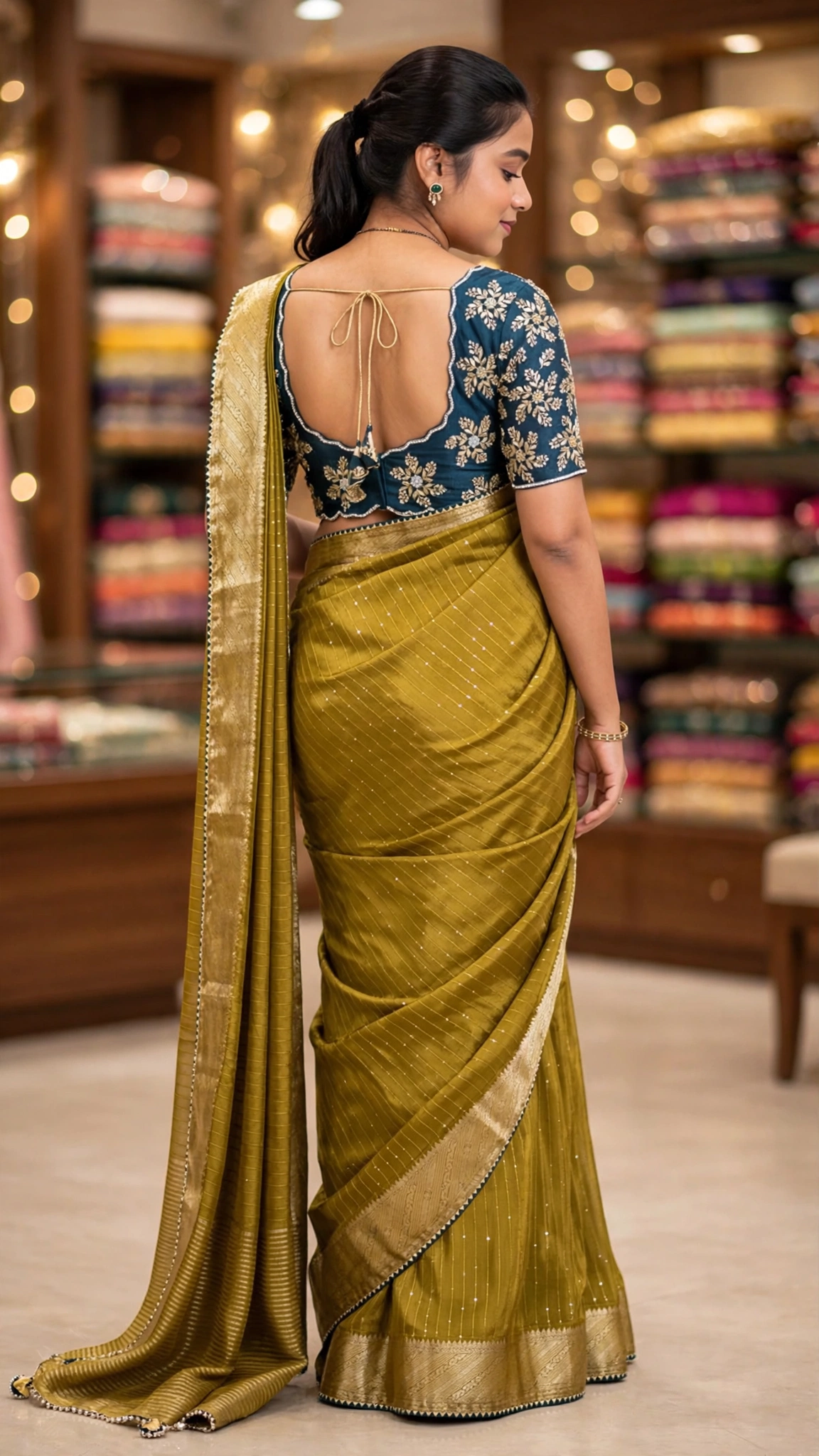 Olive Green Hand-Embroidered Chanderi Saree with Teal Embellished Blouse - Image 2