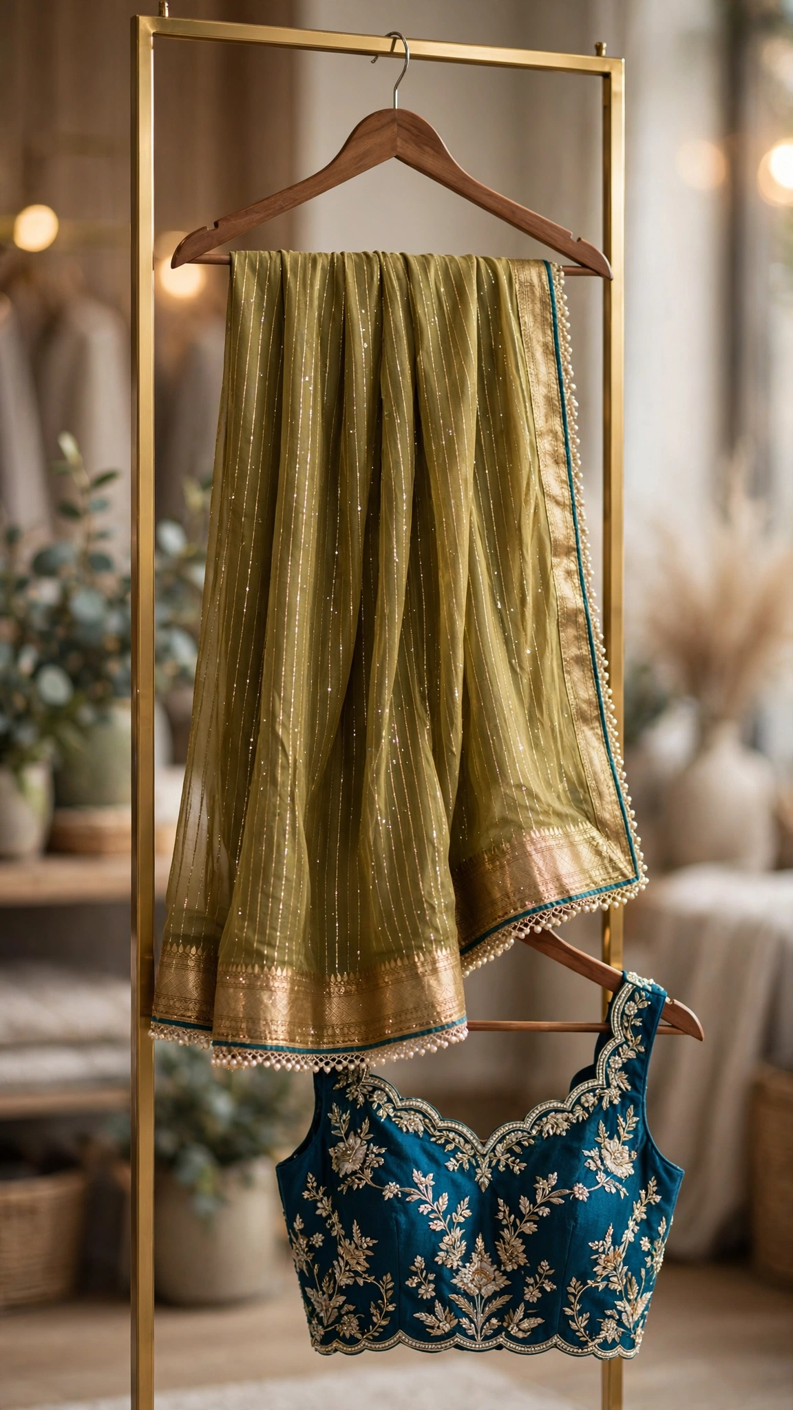 Olive Green Hand-Embroidered Chanderi Saree with Teal Embellished Blouse - Image 3