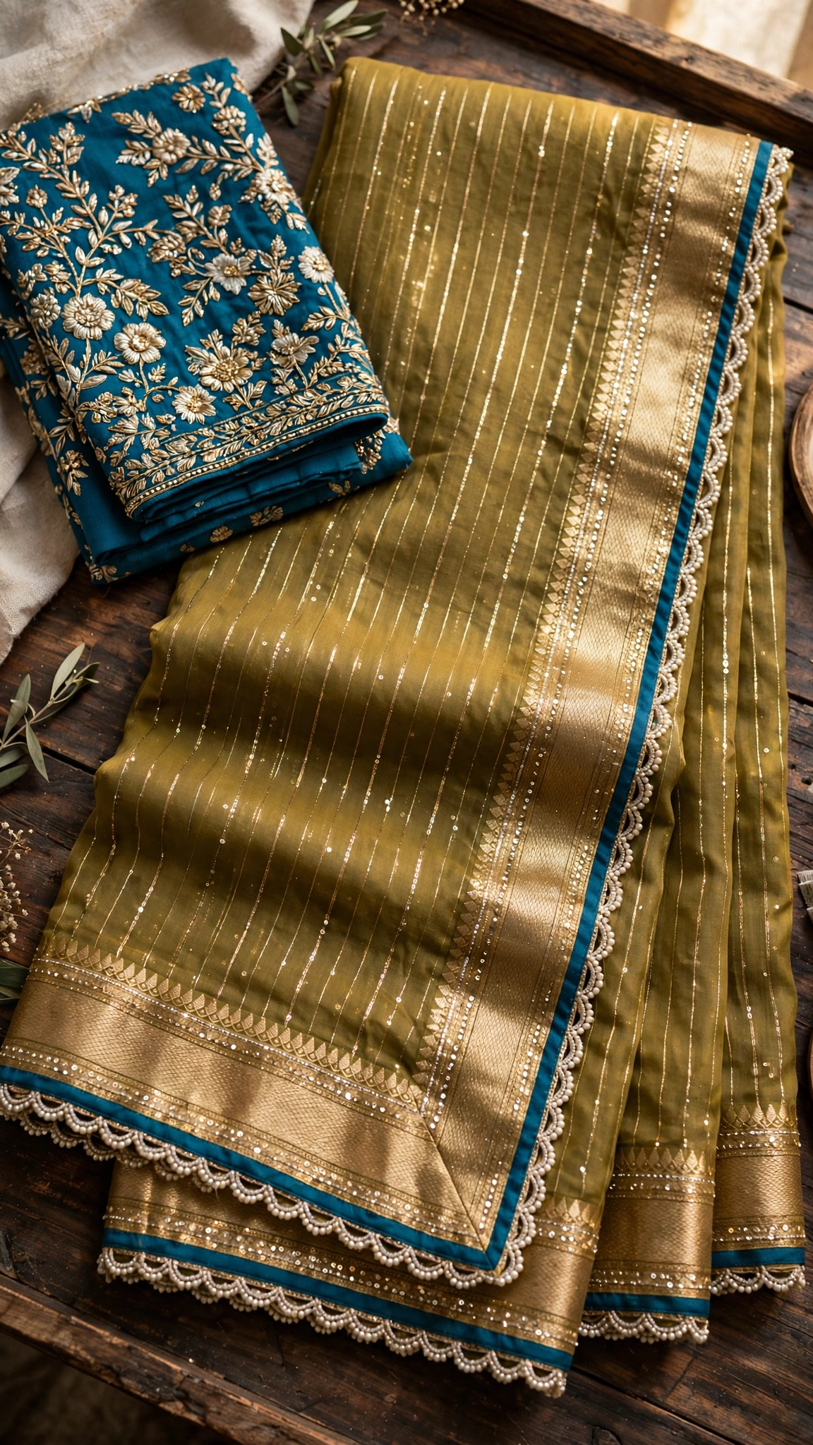Olive Green Hand-Embroidered Chanderi Saree with Teal Embellished Blouse - Image 4